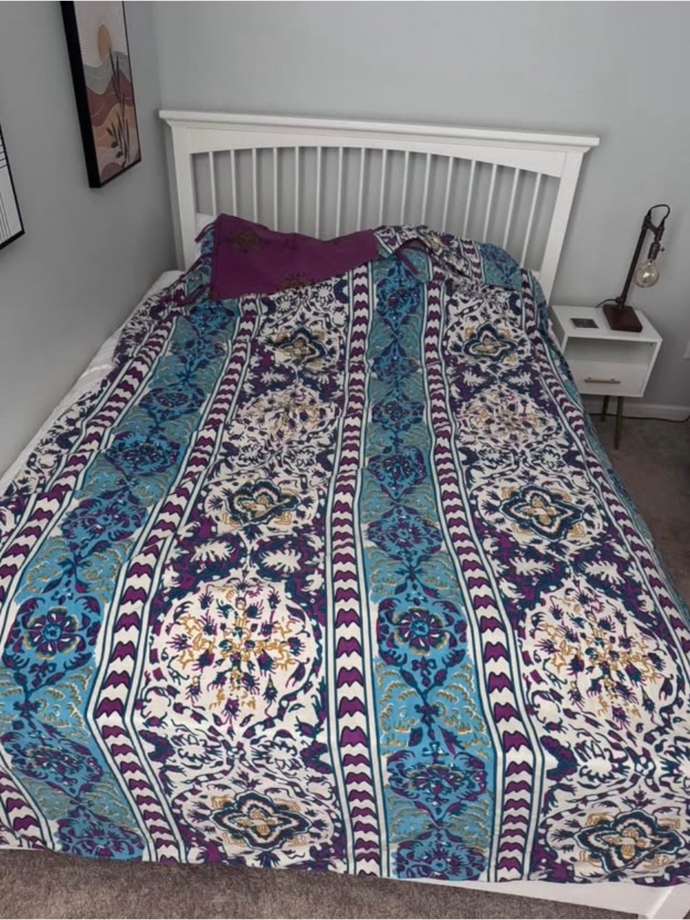 Purple & Teal Floral Stripe Bedspread - Unbranded